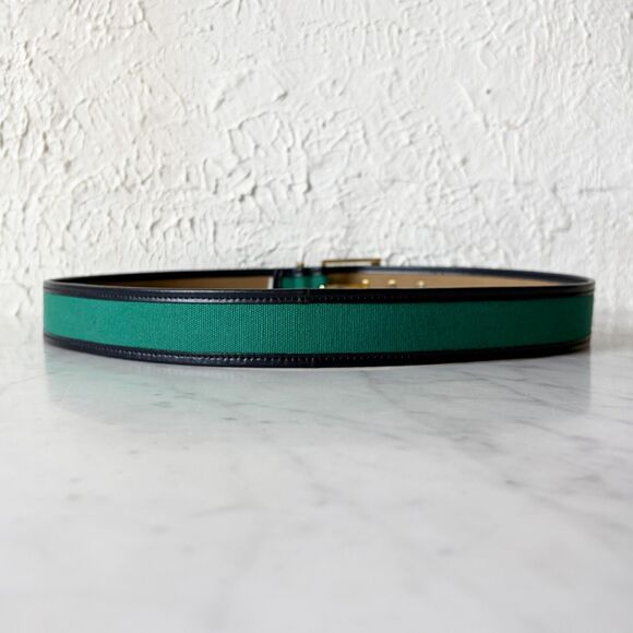 Talbots Belt Green Canvas Navy Leather Trim Gold Tone Buckle Women\'s L Preppy